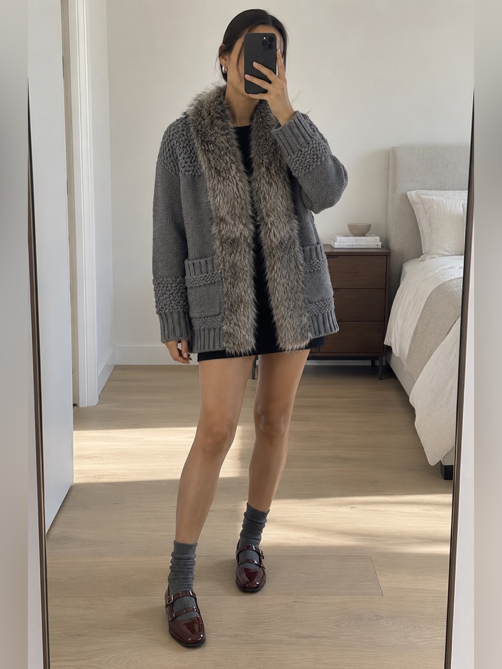 Topshop Grey Chunky Knit Long Cardigan Faux Fur Trim Pockets Size US 6